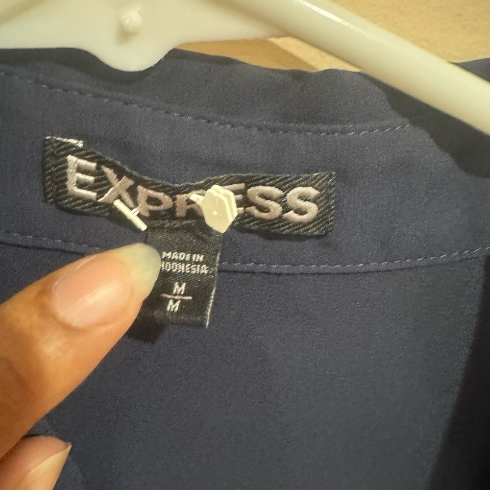 Express Women's Navy Blouse with Gold Zipper Details - Picture 5 of 13